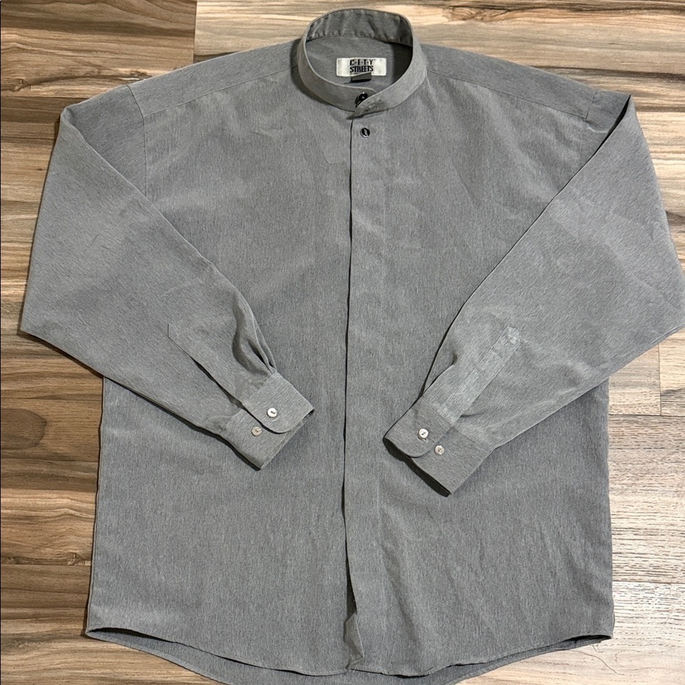 City Streets Men's Dress Shirt Size M Gray Banded Collar Long Sleeve